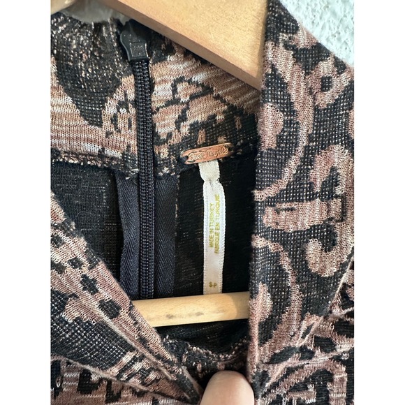 Free People Mock Neck Damask Knit Mini Dress Brown Black Long Sleeve Small - Picture 3 of 5